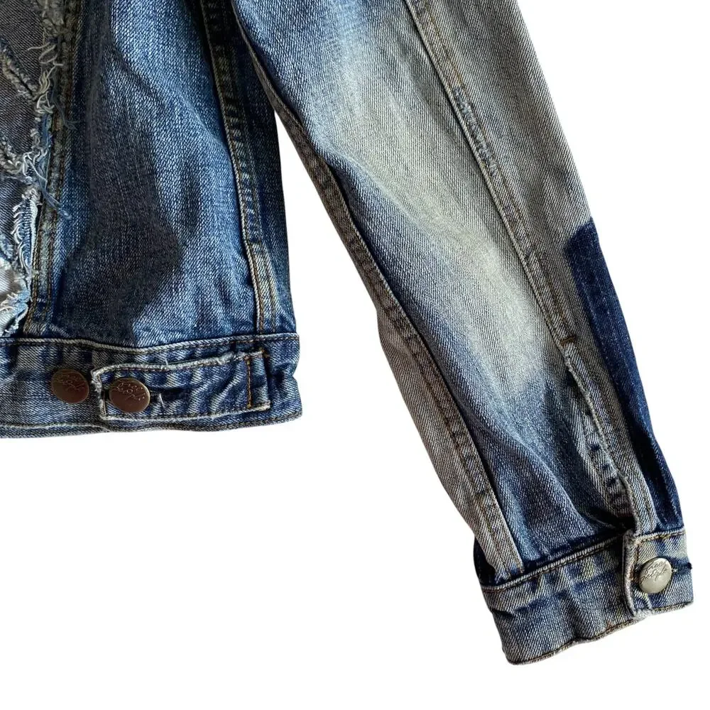 Free People : Brass-tone Studded Patchwork Distressed Boho Denim Jacket : XS - Picture 14 of 16